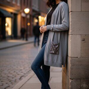 Belle by Kim Gravel Sequin Pocket Duster Cardigan L Large Gray Open Front Knit